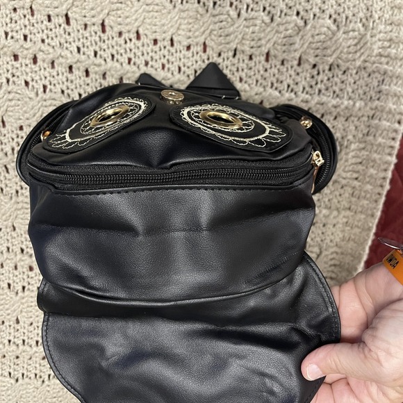 Owl Backpack Black Faux Leather Embroidered Eyes Side Zipper Pockets Cute‎ Bag - Picture 5 of 16